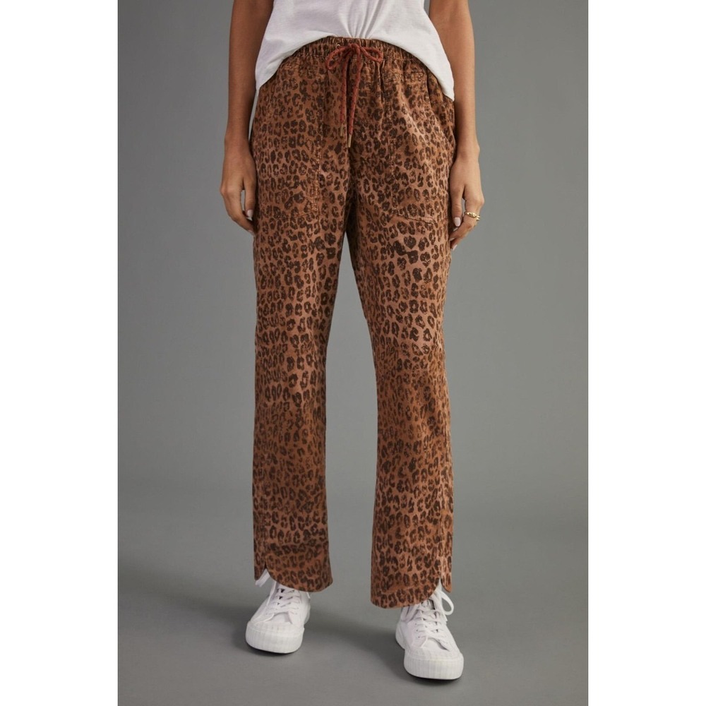Pilcro The Cottage Pant Small Brown Pull On Corduroy Leopard Print Elastic Waist